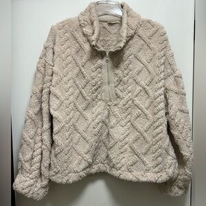 'New In' beige Sherpa Pullover Sz lg 1/4 Zip Textured Fleece with Elbow Patches